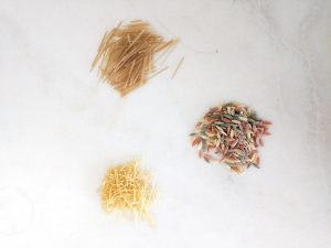 3 kinds of pasta in small piles