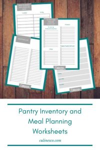 Pantry Inventory and Meal Planning worksheets on wood background