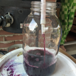 Concord grape juice pouring through the tube into a mason jar