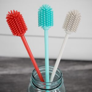 3 silicone bottle brushes in a jar in Barn Red, Vintage Blue and Cool Grey